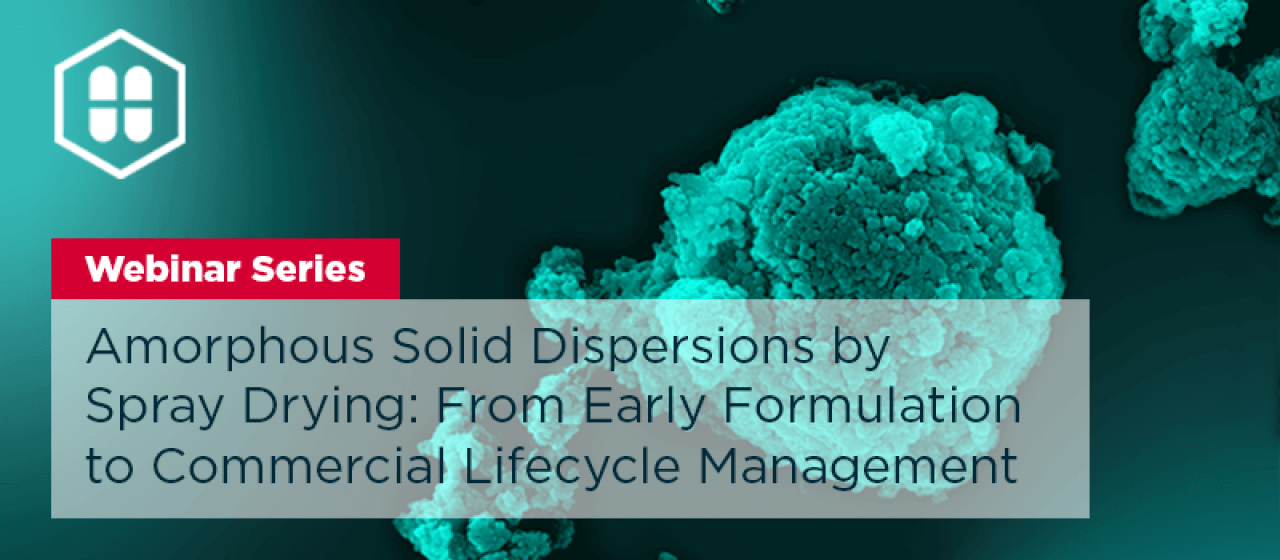Webinar Series Spray Drying - SEM image of a particle in a dark green background