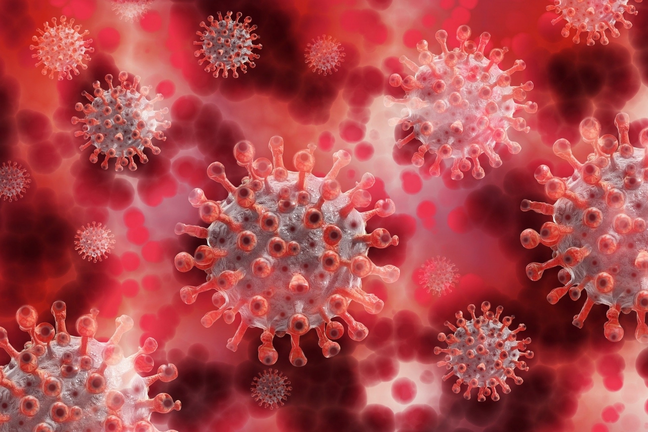 3d image of coronavirus with red background