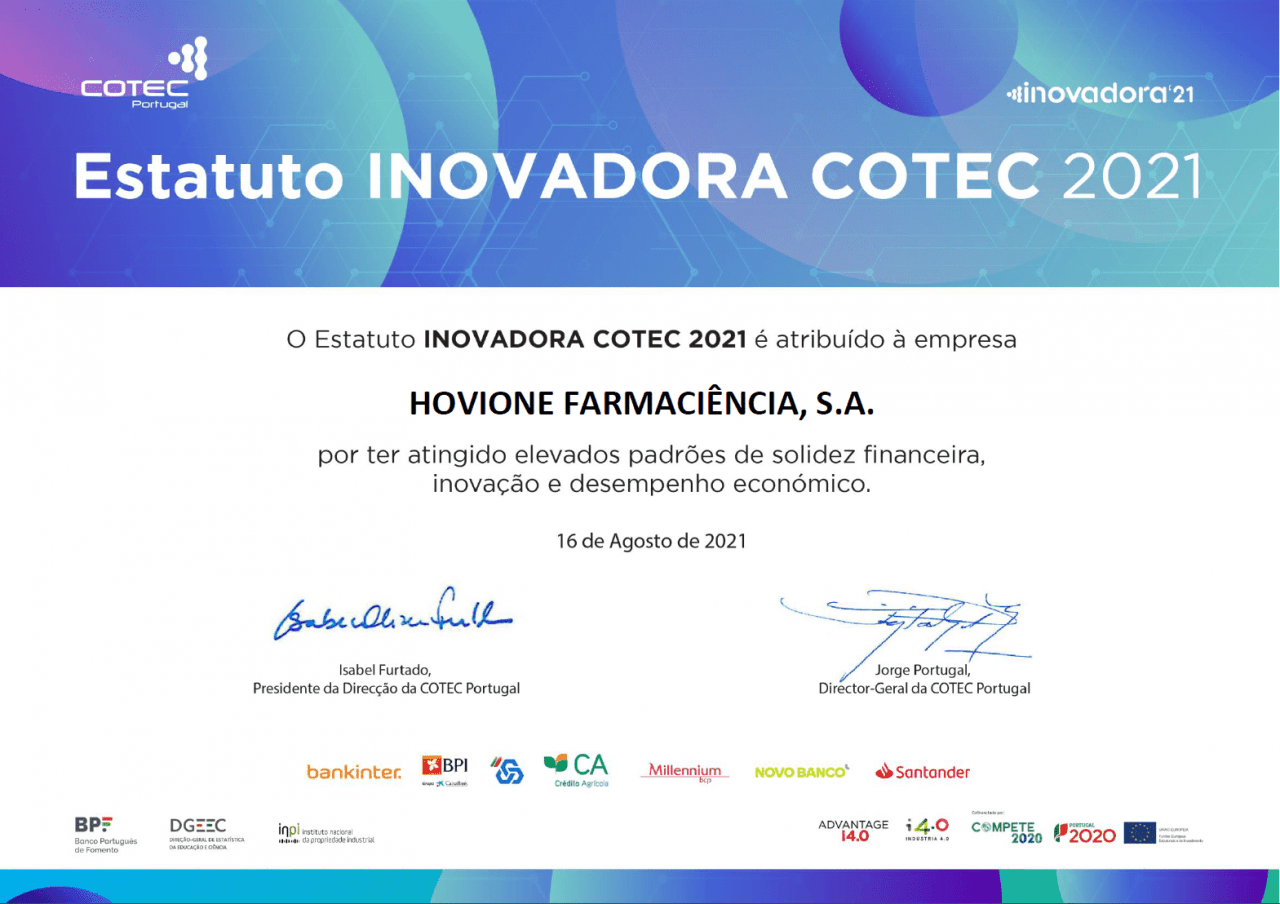 certificate COTEC award | Hovione